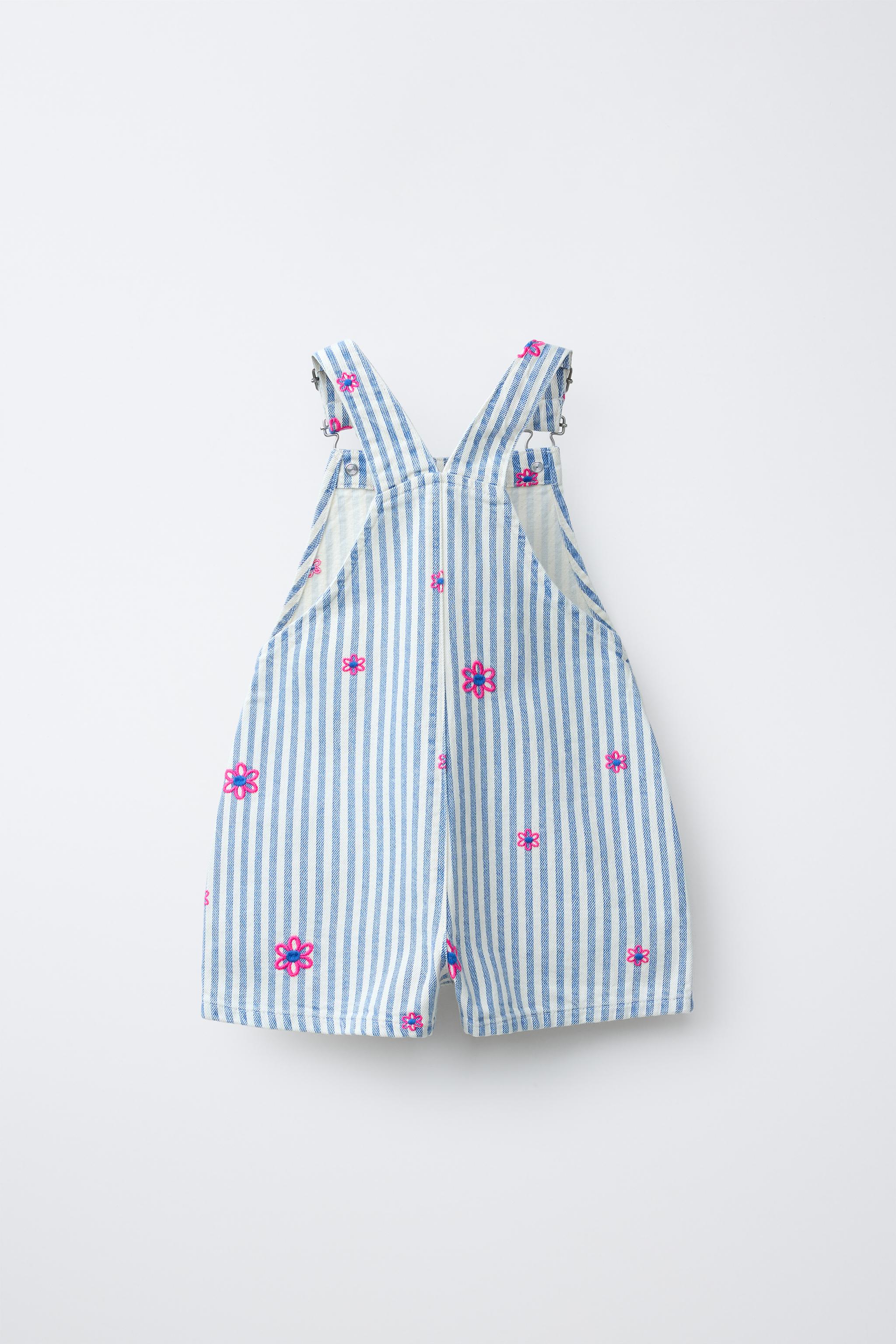 STRIPED TWILL OVERALLS WITH EMBROIDERED FLOWERS